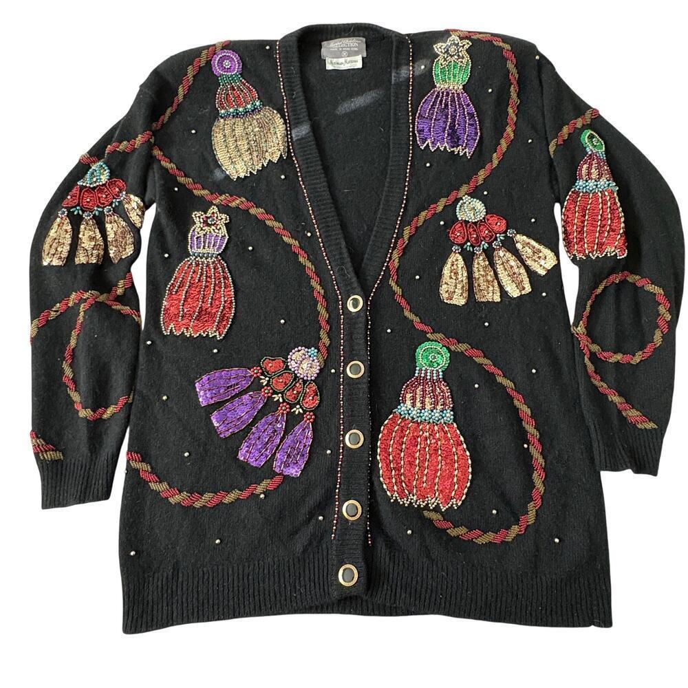 Marisa Christina Neiman Marcus Beaded Christmas Cardigan Sweater M Collector